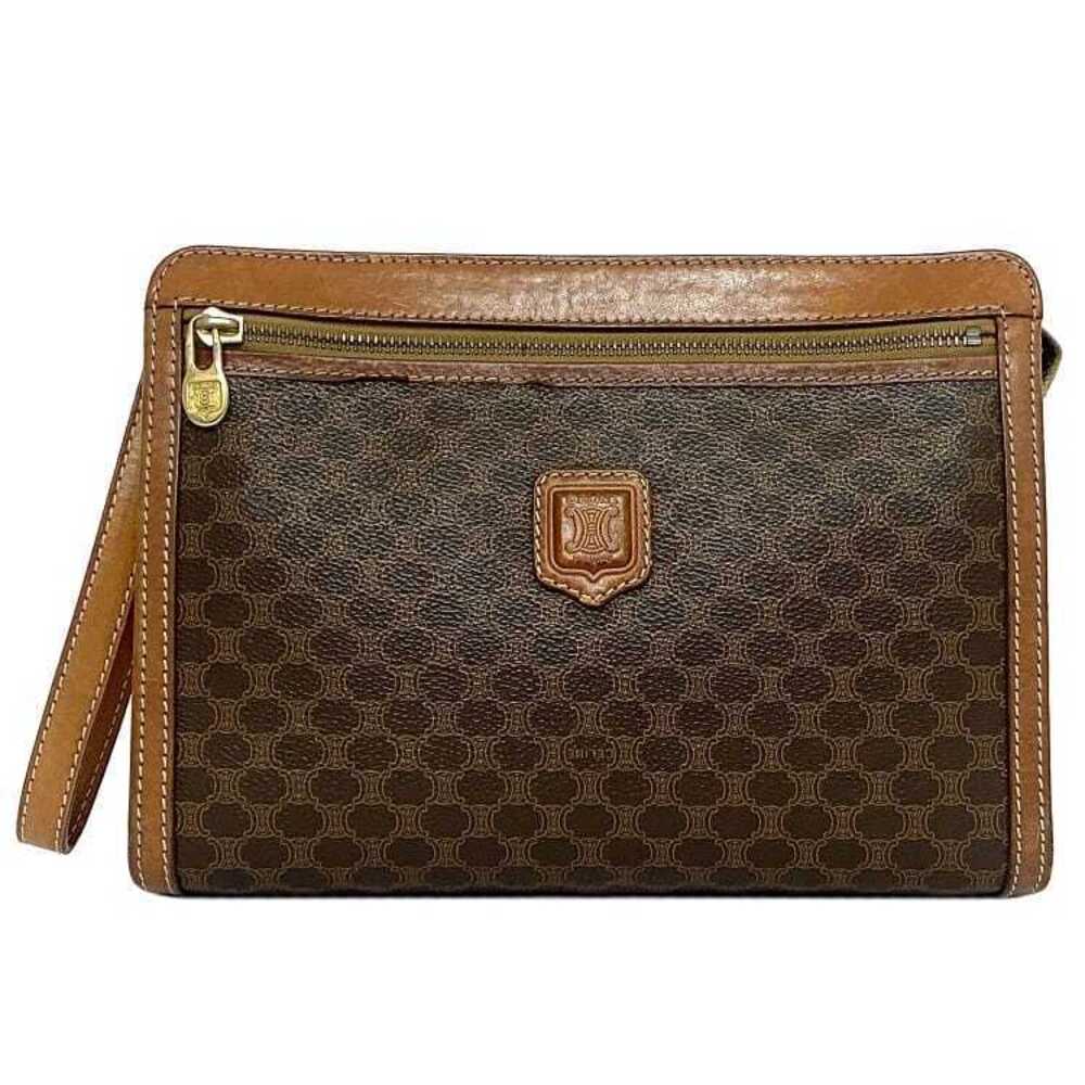 Celine Clutch Bag Brown Macadam Shoulder Leather Logo Zipper One Point